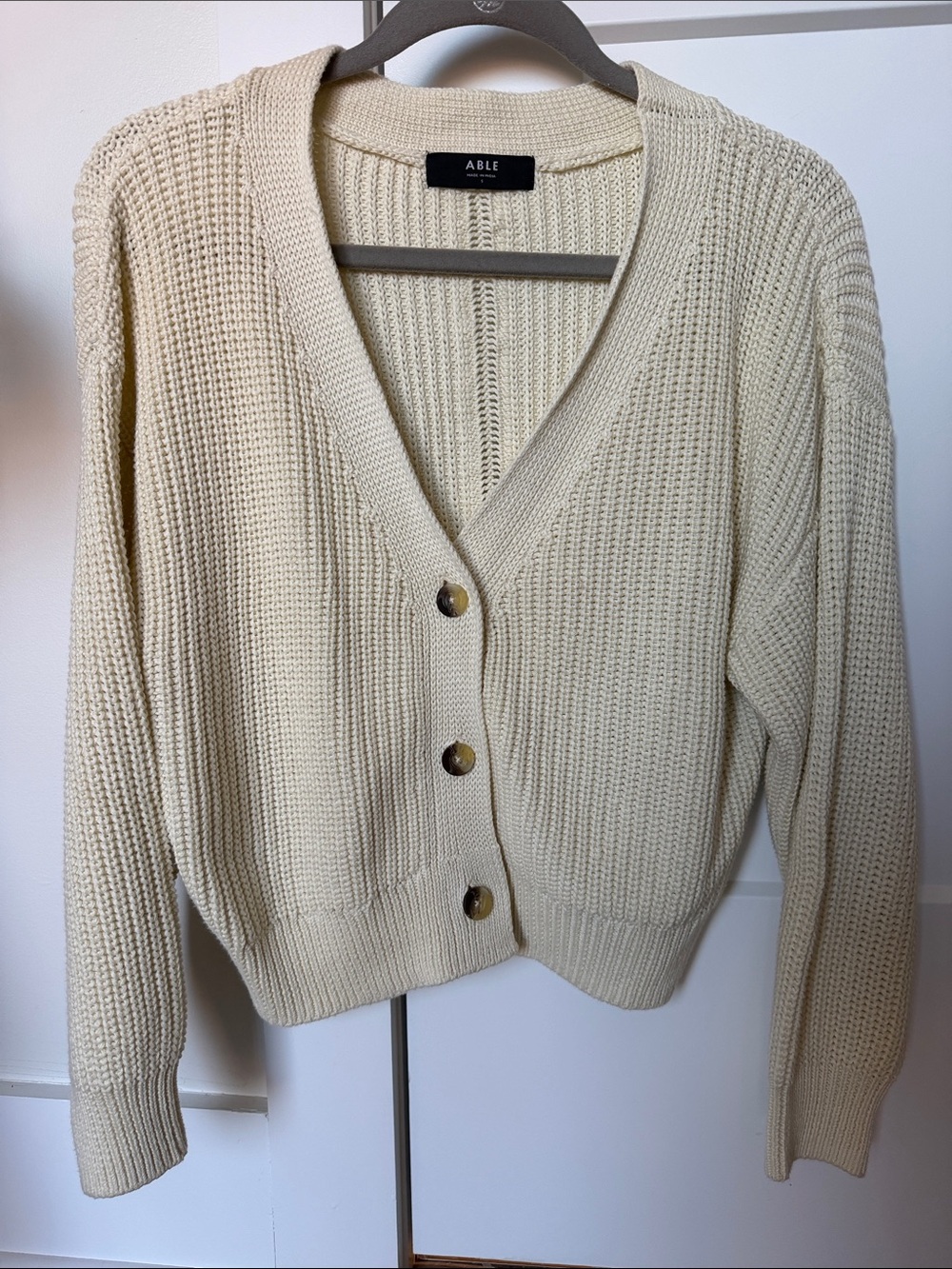 ABLE Cream Waffle-Knit V-Neck Button Cardigan